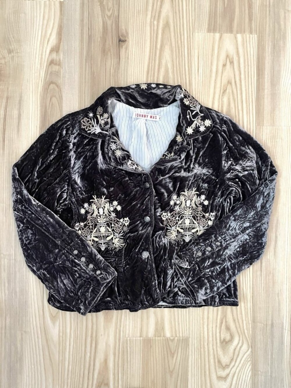 JOHNNY WAS Silk Blend Crushed Velvet Embroidered Bolero Jacket Gray size XL